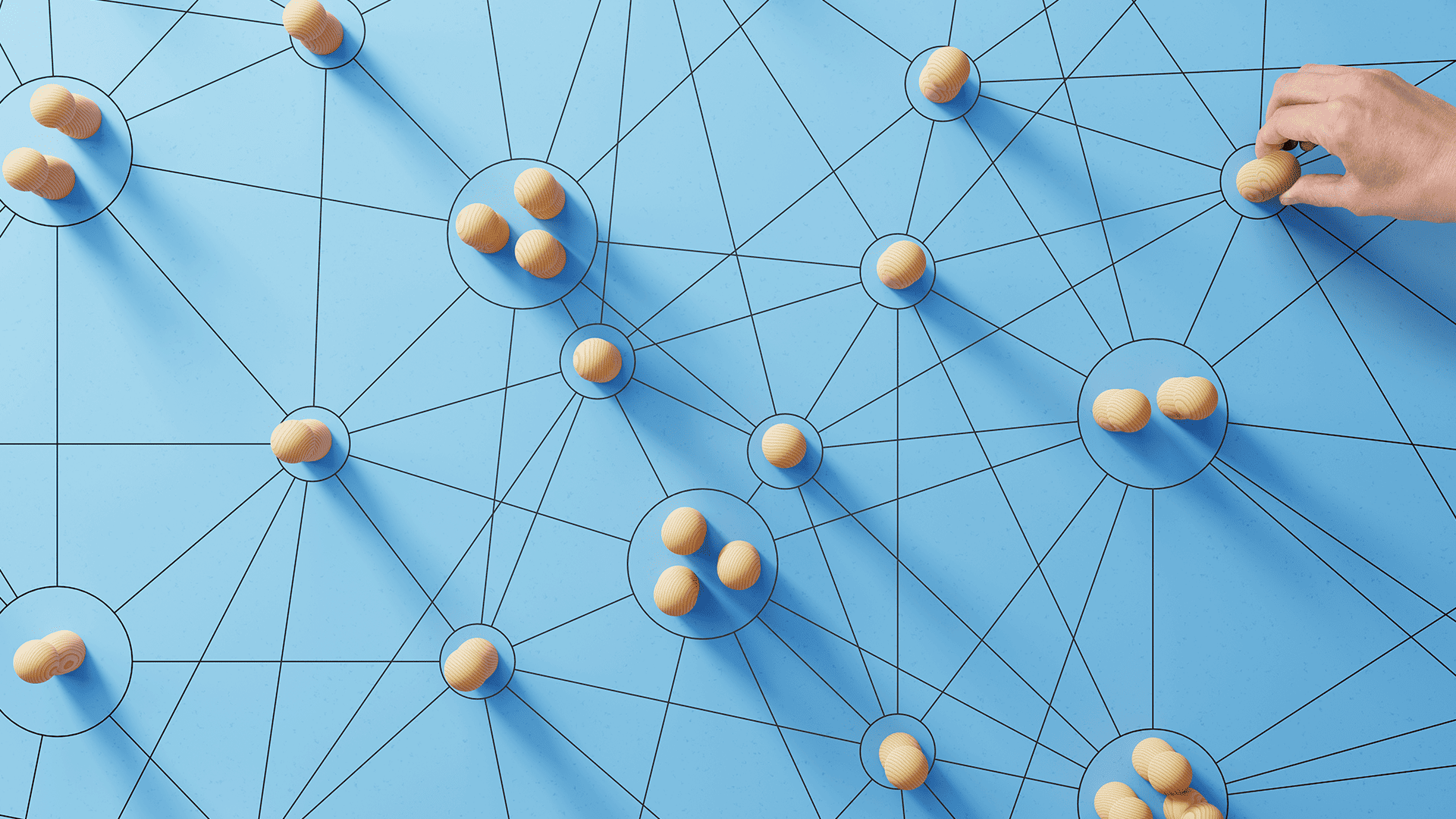Abstract concept of connection with wooden pieces on blue background