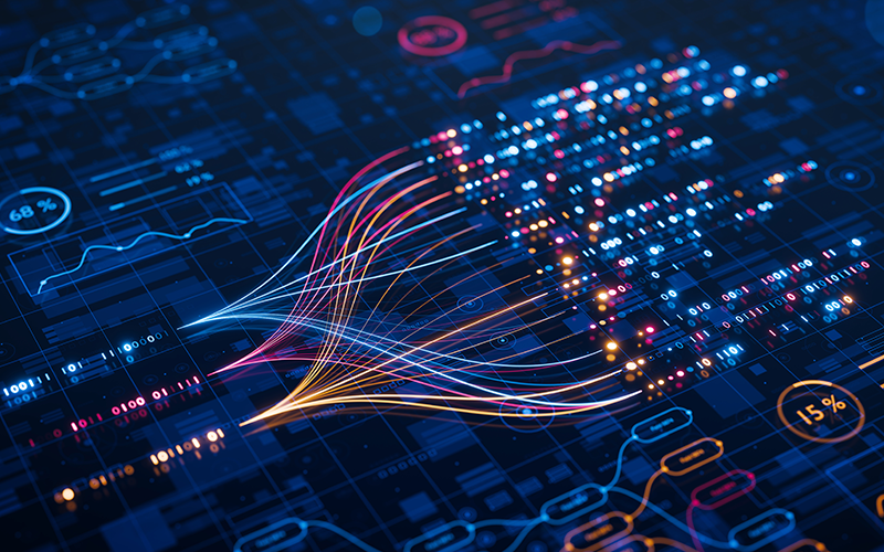 AI powers big data analysis and automation workflows, showcasing neural networks and data streams for business