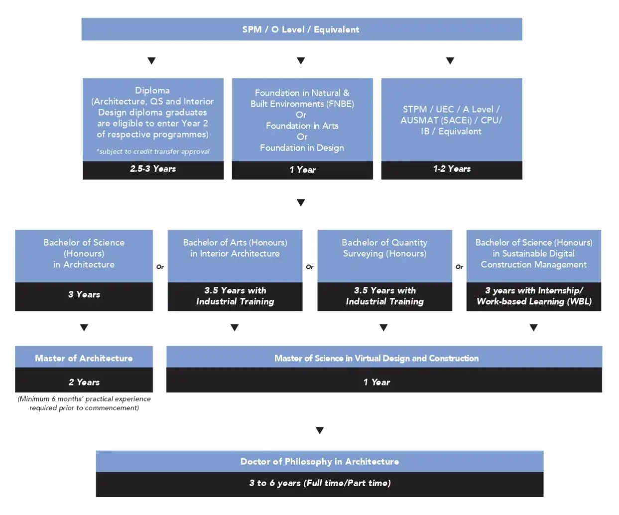 A chart showing the education pathway for Architecture Degree