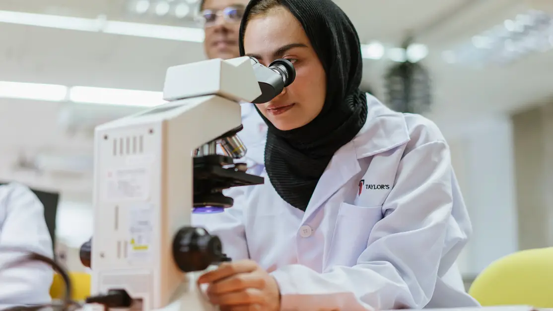 Taylor's biosciences student looking at the microscope