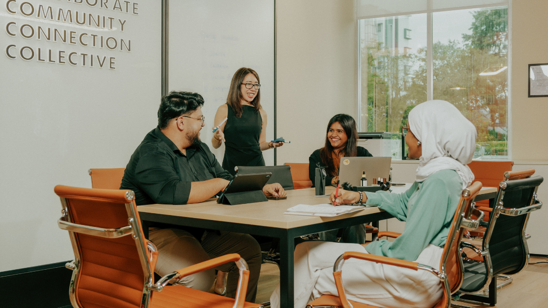 Group of students discussion entrepreneurs business project at BizPod