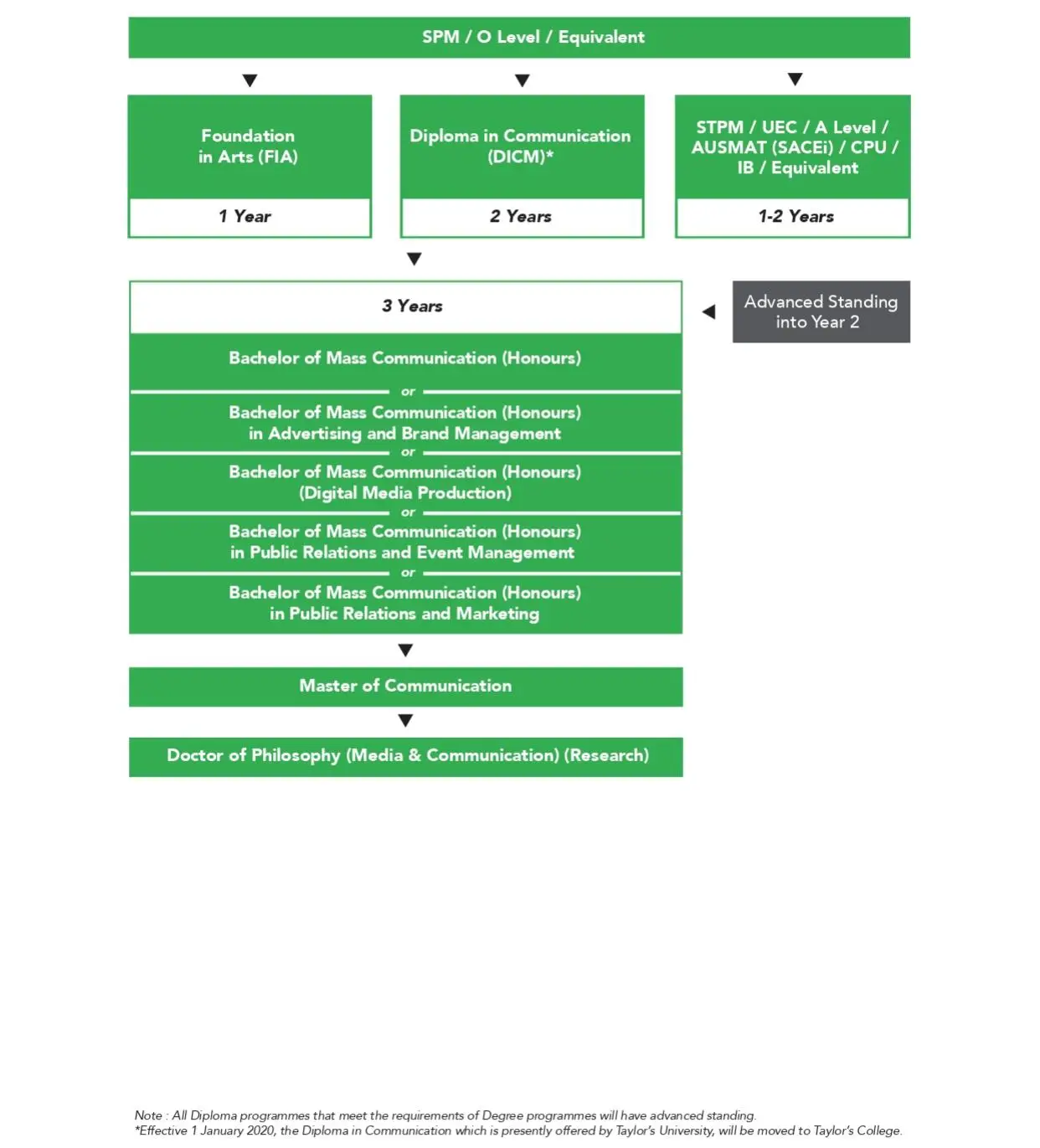 A chart showing the education pathway for Media and Communication Degree