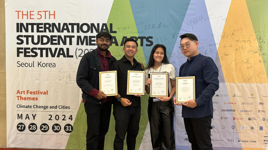 students with an award in the international student media arts festival
